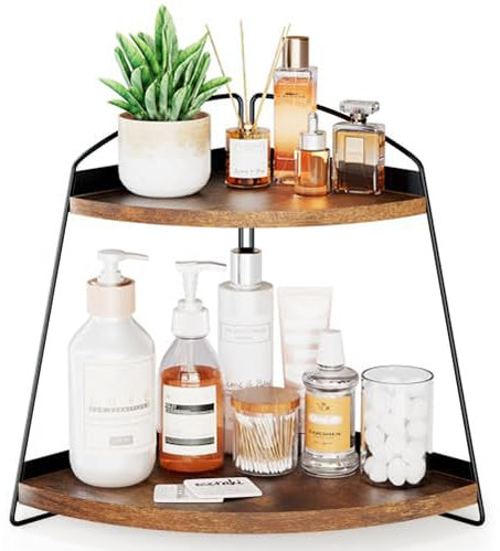 Puricon Corner Bathroom Counter Organizer, 2 Tier Corner Countertop Organizer Vanity Shelf, Wood Bathroom Organizers and Storage for Skincare -Brown