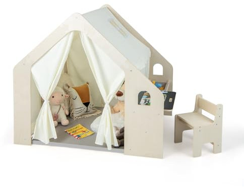 DREAMADE 6 en 1 Tente de Jeu en Bois Enfants 2-6Ans,Maison de Jeu avec Tapis&Tableau Noir Double Face&Chaise&Bac&1 Poche Latérale&Rideaux,Cabane de Jeu Enfant Intérieure (131X98X113CM)