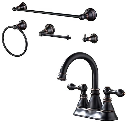 Derengge CB-0845-ORB Badezimmerarmatur und 4-teiliges Badzubehör-Set, ölgeriebene Bronze, CB-0845-ORB