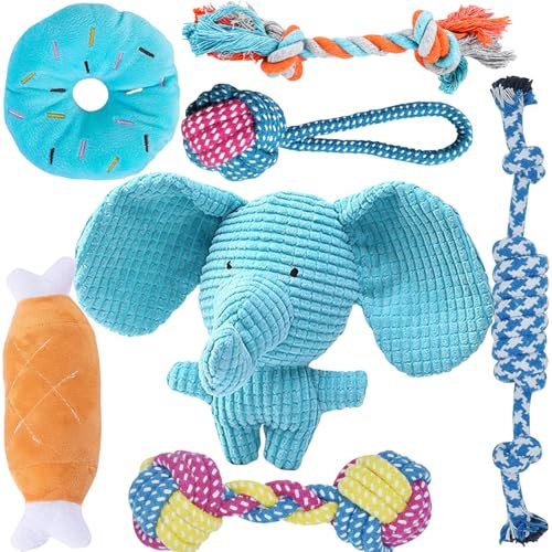 7 Stück Hundespielzeug für Kleine Hunde, Plüschspielzeug Quietschspielzeug, Welpe Kauspielzeug, Hundeseil Spielzeug Set für Kleine Mittlere Hunde