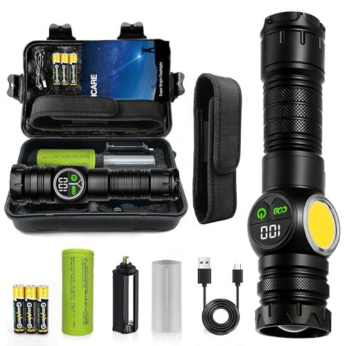 ICARE Taschenlampe Led 600000 Lumen, Extrem Hell Taschenlampe USB Aufladbar Taktische Taschenlampen mit Cob XHP70.2, IP67 Wasserdicht 9 Lichtmodi für Camping Wandern Notfälle [Energieklasse A+++]