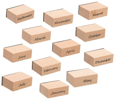Holzstempel Satz mit Monatsmotiven für Selbstgemacht Basteln und Karten | 1 Satz, Gummi und Holz, Jede Form Verschieden, für Tagebuch und Briefumschläge