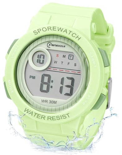 OFFCUP Digital Uhren für Kinder, Wasserdicht Kinderuhr Digital, Kinder PU Armbanduhr Sports Outdoor Digitaluhr mit Wecker Datum Stoppuhr Led Lichter Uhr -Grün