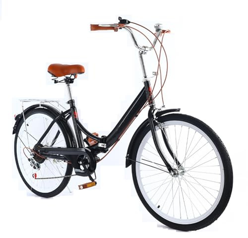 VHVYWY 24 Zoll Cityrad, Klapprad in Erwachsene Jugendliche für Faltrad, Kohlenstoffstahl, 7-Gang, Fahrrad, Gepäckträger, Rücklicht, Korb, Glocke Damencityrad