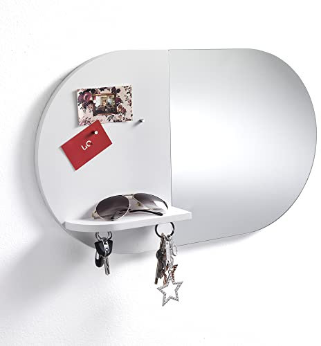 Tomasucci Wink Design Miroir Mural avec Panneau mémo, Panneau MDF laqué Blanc Mat, Panneau aimanté, étagère Bois laqué, 36 x 60 x 9 cm