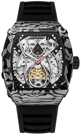 MUSANFIGO Weinfass geformte Outdoor Stil Männer vollautomatische mechanische Uhr mit ausgehöhltem Silikonband Männer Nachtlicht wasserdichte Mode Trenduhr 6039B