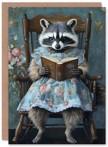 Artery8 Greeting Card Raccoon Mama in Floral Dress Reading Bedtime Story For Child Kids Birthday Card