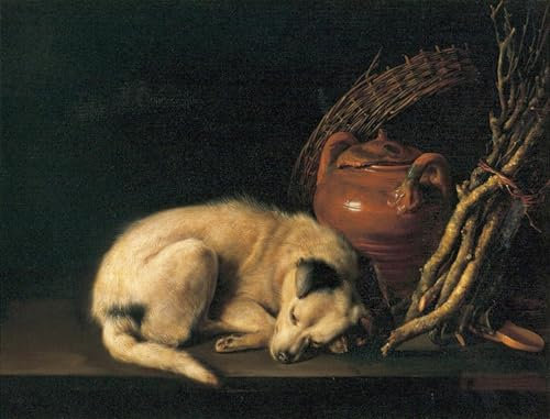 SERENDIPITP Abstract Painting Mural Print Picture Wall Decor Painting Sleeping Dog with Terracotta Jug Basket and Kindling Wood by Gerrit Dou Vintage Wall Artwork for Home Decor 60x90cm