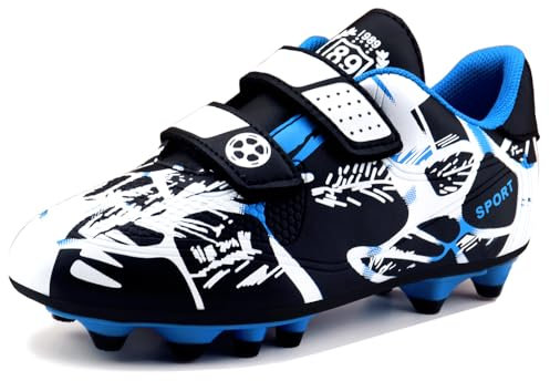 Scarpe da Calcio per Ragazzi per Bambini Scarpe da Allenamento per Calcio Multi-Tacchetti in Erba Artificiale Scarpe da Ginnastica per Ragazze Senza Lacci Scarpe Basse Bianco Blu 33