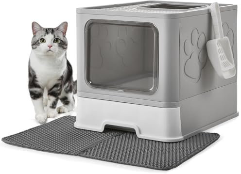 The Fellie Cat Litter Box with Litter Mat, Litter Box with Drawer Pan and Scoop, Hooded Cat Litter Tray, Odor Control Easy Clean, Grey, 51x42x40cm