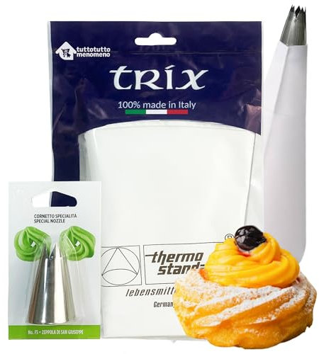 Sicignano | Spritzbeutel aus Baumwolle mit Spritztülle F5 für Kuchendekorationen Gebäck Zeppole von San Juseppe - Sahnebeutel für süße Sahne, Dekoration Tasche (3, 34 cm)