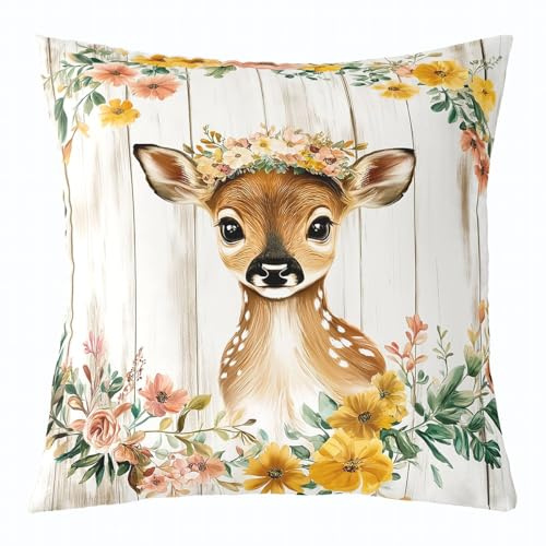 Homewish Kinder Wald Cartoon Tier Kissenbezug REH 45x45cm | Hirsch Kissenhülle Niedlich Mädchen Jungen Braunbeige Ästhetische Kissenbezug mit Reißverschluss Dekokissenbezug Waschbar