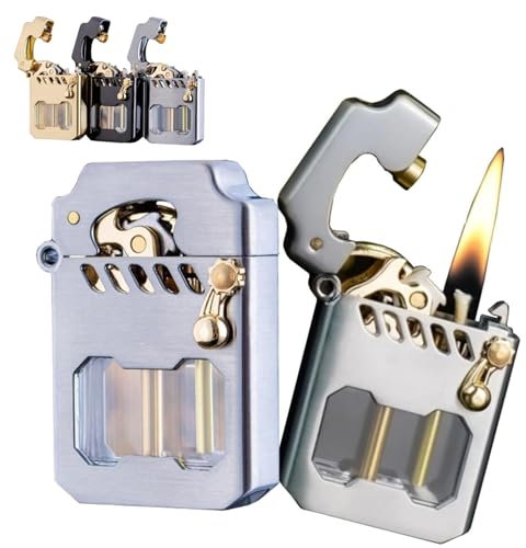 Mecha Metal Rocker Feuerzeug, Retro Metall Transparent Benzinfeuerzeug, Rocker Kerosin Winddichtes Feuerzeug, Nachfüllbar Winddicht für Outdoor Reisen, Camping (Silver)