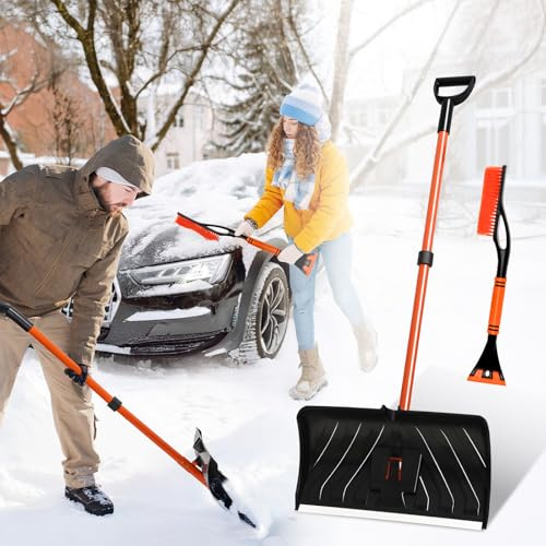Schneeschaufel mit Eiskratzer-Klinge, 56 cm Schneeschaufel Abnehmbar für Einfahrten, Gehwege, Garagen & Außenbereich, inkl. Auto-Schneebürste und Eiskratzer für Frontscheibe