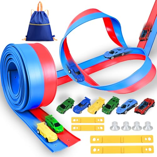 Ulikey Autorennbahn 4.6M für Kinder, Auto Rennbahn Spielzeug mit 6 Autos & Dual Rampen, Aufrollbare Flexible Rennstrecke mit Saugnäpfen und Aufbewahrungstasche für Jungen Mädchen ab 3+ Jahre