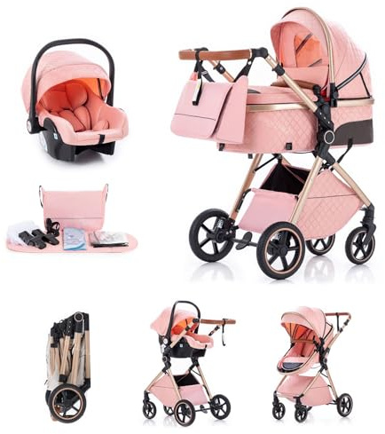 Kakbgee 3 in 1 Kinderwagen mit Babyschale, Buggy 7-Höhenverstellbarer Griff | Faltbar Buggy, 4-Rad Federung, Regenschutz, Moskitonetz, Kombikinderwagen für Neugeborene 0-3 Jahre (15kg), Rosa