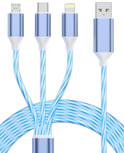 3 in 1 LED Light Up Multi Charger Cable, Charging Cable for Multi Devices, RGB Flowing Glowing Fast Charger Cord with Lightn-ing/Type C/Micro USB for iPhone & iPad, Galaxy & Note, Android (1.2m/4ft)