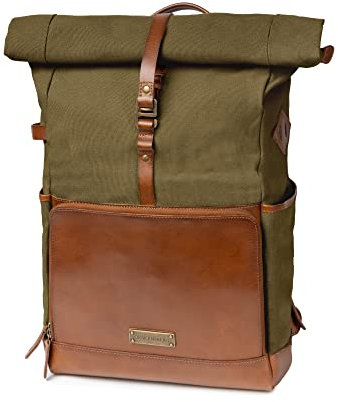 DRAKENSBERG Rolltop Rucksack 'Arthur' aus Canvas und Leder mit Laptopfach - praktisches Technik- und Gadget-Fach, 20-30L - Oliv-Grün, DR00123