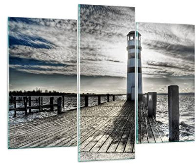 ARTTOR Mehrteilige Bilder auf Glas 130x100cm Glasbild See Leuchtturm Holzbrücke Wasser Groß Wanddeko Schlafzimmer Küche Set 3 teilige Wandbilder Dekoration Wohnzimmer Modern Wand Art GCB130x100-0330