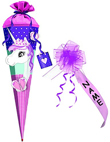 alles-meine.de GmbH 3-D Effekt BASTELSET Schultüte - Einhorn mit Glitzer Perlen - 85 cm - incl. individueller Schleife - mit Holzspitze - Zuckertüte - Set zum selber Bastel..