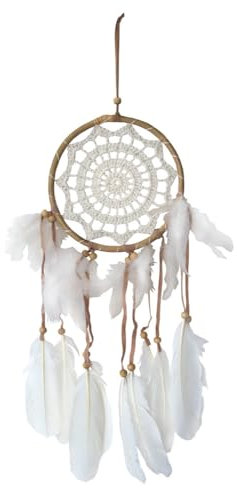 Traumfänger Rattan mit Netz gehäkelt, weiss 16cm, Gesamtlänge 17x50cm