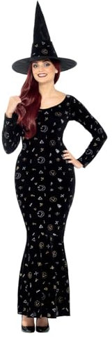 Smiffys Deluxe Black Magic Ouija Witch Costume, Black with Velour Dress & Hat, Halloween Adult Fancy Dress, Witch Dress Up Costumes