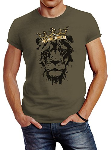 Neverless Herren T-Shirt König der Tiere Löwen-Kopf mit Krone Slim Fit Army M