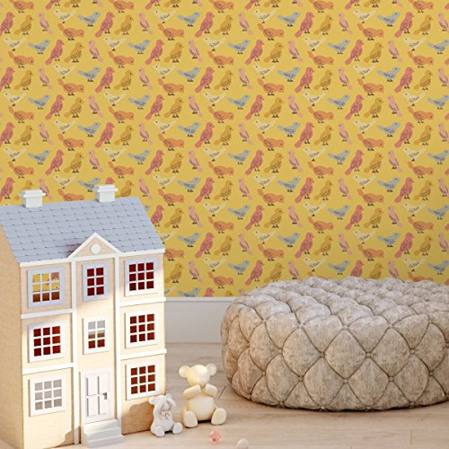 lustige TapeteAlle Vöglein mit einem Schwarm bunter Vögel gelb passt zu Schöner Wohnen Farben- Tier Vliestapete, fröhliche GMM Design Dekor für schöne Räume (Muster 20 x 46,5cm)
