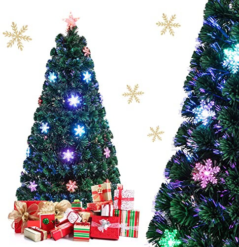 Costway Sapin de Noël Artificiel avec Flocon de Neige, Lumières LED et Pied en Métal, Décoration en PVC pour Maison, Magasin, 90/120/150/180 CM, Vert (150CM)