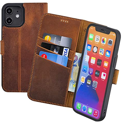 Suncase Book-Style Hülle kompatibel mit iPhone 12 (6.1) Leder Tasche (Slim-Fit) Lederhülle Handytasche Schutzhülle Case mit 3 Kartenfächer in antik-Coffee