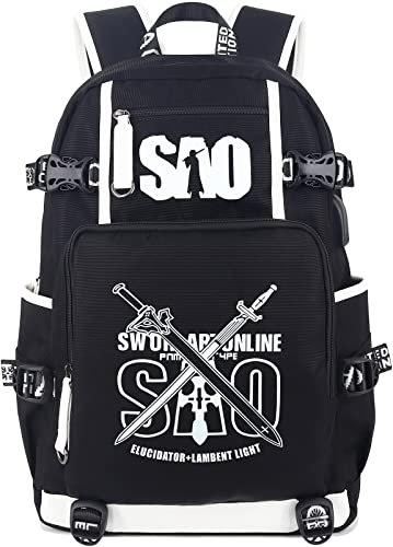 Roffatide Anime Rucksack Leuchtende Schultasche SAO Laptop Rucksack mit USB Ladeanschluss und Kopfhöreranschluss