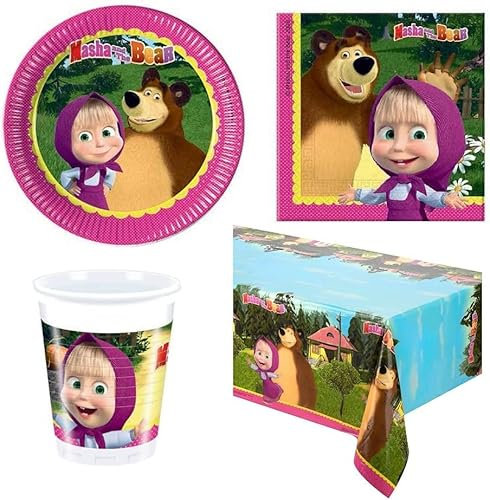 coiso Masha e Orso Coordinato ADDOBBI TAVOLA Festa A TEMA PER 8 Ospiti KIT(8 PIATTI,8 BICCHIERI,20 TOVAGLIOLI,1 TOVAGLIA)