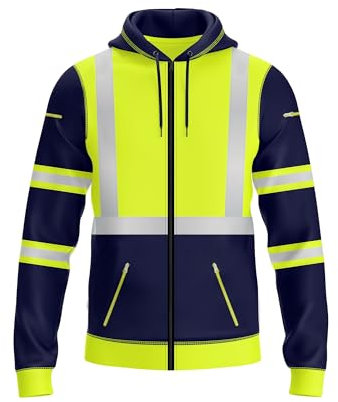 NOROZE Herren Kapuzenpullover mit Reißverschluss vorne reflektierend hohe Sichtbarkeit Sicherheitsmantel Taschen Sweatshirt Jacke (L, Stil 3: Neongrün/Marine)