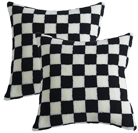HOSTECCO Schachbrett-Kissenbezüge, 45,7 x 45,7 cm, Kunstfell, weich, Sherpa, Bauernhaus, dekorative Kissenbezüge für Sofa, Bett, Schwarz, 2 Stück