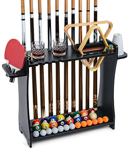 XCSOURCE Support de plancher pour bâtons de piscine, 2 en 1, support de raquette de billard et support de pagaie de ping-pong, 100% bois massif, peut contenir 9 queues, ensemble complet de balles, de