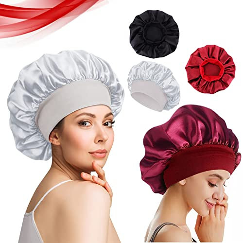 Lewyuel 3 Stücke Satin Bonnet Nacht Schlaf Mütze Schlaf Kopf Abdeckung,Schlafmütze Satin, Doppelschicht Schlafhaube Damen Mädchen zum Schlafe Haarpflege Badekurort Hauptgebrauch (Silber)