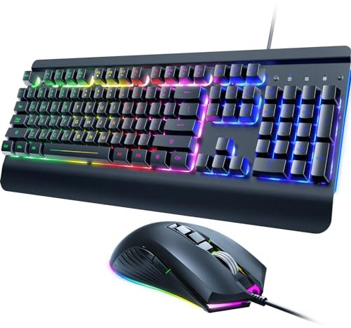 Dacoity Tastiera da gioco e mouse, 104 tasti, pannello interamente in metallo illuminato, tastiera silenziosa per computer, poggiapolsi, mouse da gioco retroilluminato a LED, 4200 DPI, set con