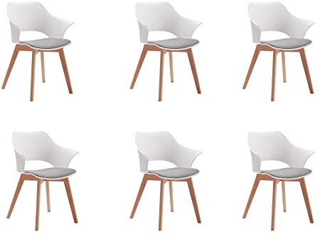 GrandCA HOME 6er-Set Nordischen Küchenstühlen, Esszimmerstuhl mit Massivholzbeinen, Gepolsterte Stühle für Schlafzimmer, Wohnzimmer, Küche, Weiß