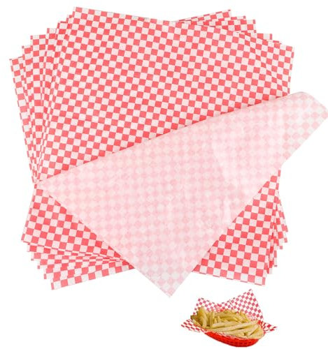 DAJAVE 500 Pcs Red Greaseproof Paper Sheets Food Grade Wrapping Papers Wax Paper Sheets Checkered Basket Liners Oil Proof Papers for Deli Hamburgers Sandwich Cake Fries (11.8x11.8'')