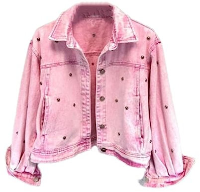 Rosa Verkürzte Jeansjacke Für Damen Mit Nieten Und Perlen. Street Loose Jeansjacke Mit Dolman-Ärmeln Und Taschen Pink M