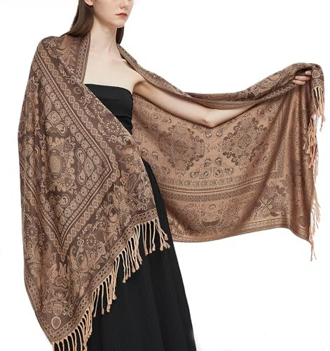 Gragengs Pashmina Schal Wrap mit ethnischen Paisley Two Tone Jacquard Schal für Damen,Schwarz Beige