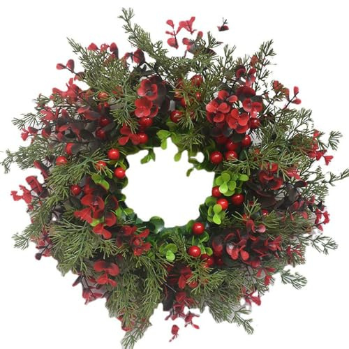 KOMUNJ Künstlicher Weihnachtskranz für Haustür, ünstlicher Kranz Haustür Deko für Drinnen Draußen, Weihnachten für Tür Fenster Kamin Weihnachtsdeko, Rotes Obst