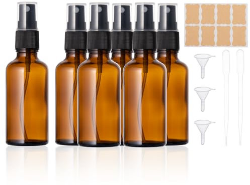 Flacon Spray Vide Verre 50ml, Lot de 6 flacons pulvérisateurs vides bouteilles en verre marron Kit avec entonnoir, pipettes et étiquettes pour Parfum,Huiles Essentielles