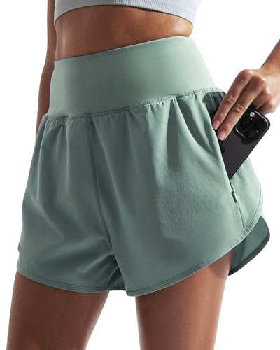 BebreezChic Sporthose Kurz Damen Shorts Sport Damen Sommer Running Gym Yoga 2 in 1 Schnell Trocknend Fitness Shorts Jogging Training High Waist Atmungsaktiv, Dunkelgrün, M
