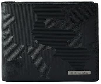 Police Portefeuille homme en cuir véritable, fin avec porte-monnaie, porte-cartes de crédit et boîte cadeau, Noir camouflage 72, Moderne