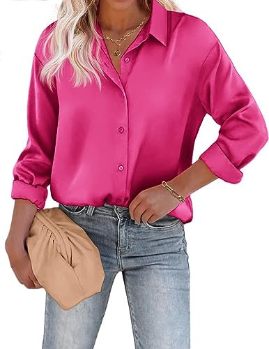 Beyove Chemisier Femme Élégant Satin Manches Longues Décontracté Hauts Amples Chemise Col V Uni Lâche Manches Longues Rose Taille L