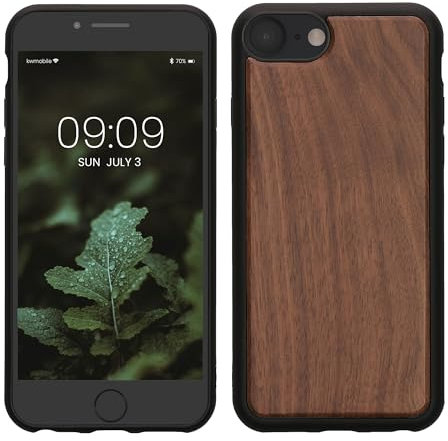 kwmobile Real Wood Case Compatible with Apple iPhone SE (2022) / iPhone SE (2020) / iPhone 8 / iPhone 7 Case - Hard Wooden Cover w/TPU Bumper - Dark Brown