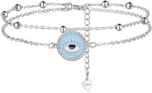 Lydreewam Bracelet de Cheville Protection Mauvais Oeil pour Femme Argent Sterling 925 Émail Bleu Double Chaînes avec Boules Été Plage Bracelet de Pied, Réglable 22+4cm