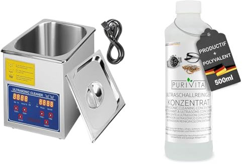 VEVOR Nettoyeur à Ultrasons 1,3 L Machine de nettoyage à ultrasons en acier inoxydable & PURIVITA - Concentré de Nettoyant liquide pour produits ultrason - Multi-usages - Nettoyeur Bijoux