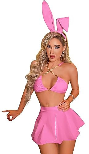 Damen Bunny Girl Lack Leder Dessous, Sexy Hasenmädchen Cosplay Uniform, Wetlook Rave Outfits (Rosa)